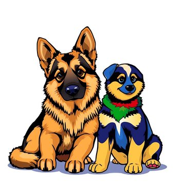 A German Shepherd adult dog sitting alongside a colorful sitting puppy illustration in vector format, cartoon, mixed media