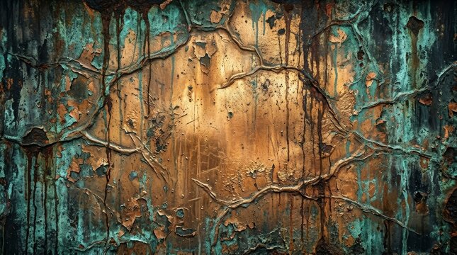 Aged copper surface with green patina and brown drips