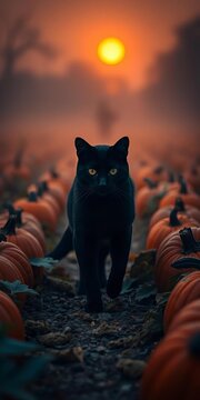 A mysterious black cat stalks through a foggy pumpkin patch at dusk, with warm orange hues illuminating the scene, pumpkins, shadows