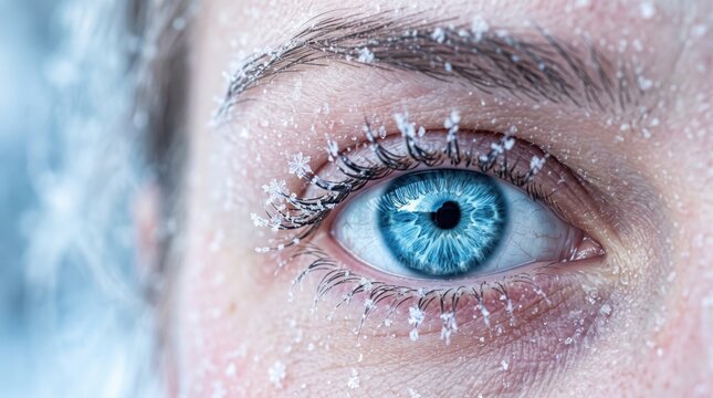 Extreme closeup of a blue human eye with frost and ice crystals on eyelashes and skin, representing extreme cold, winter frostbite, frozen beauty and harsh weather exposure