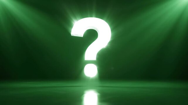 White question mark glowing brightly against dark green background with spotlight beams revealing its form mystery and intrigue represented dynamically.