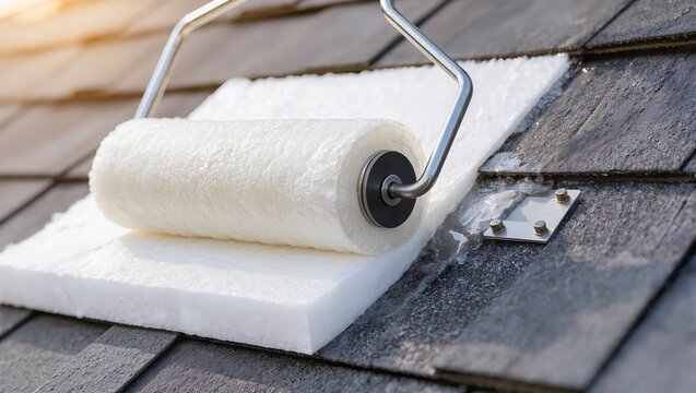 Applying liquid waterproofing membrane with a roller on a shingle roof surface during exterior construction work, roof repair, and home renovation