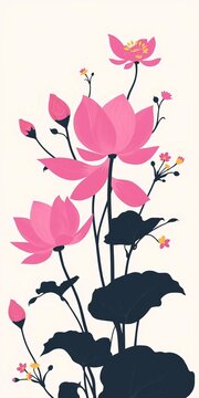 Floral silhouette pattern with delicate pink gold lotus flowers and leaves on a soft background, beauty, design