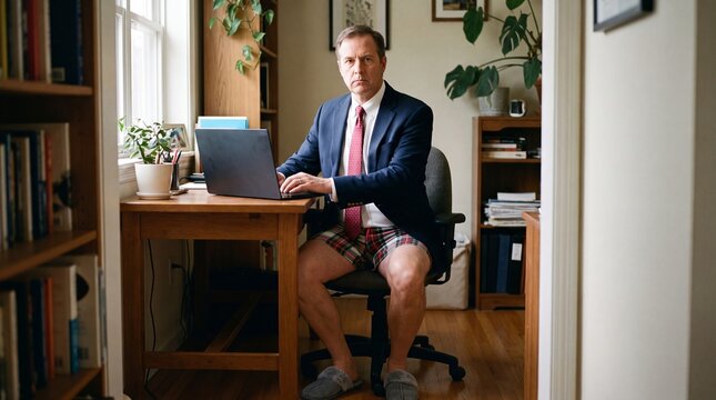 Man on Video Call Wearing Dress Shirt and Pajama Shorts at Home