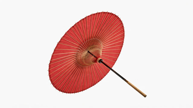 Elegant traditional red oriental parasol made of paper and bamboo with traditional accessory
