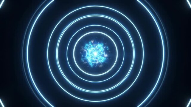 Abstract glowing blue energy vortex tunnel with pulsing concentric circles motion graphic background.