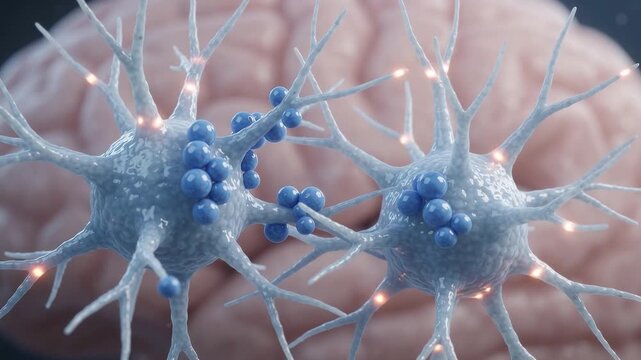 Close up of two interconnected neurons with blue vesicles and glowing orange energy signals in blurred background brain research and neural network concept.