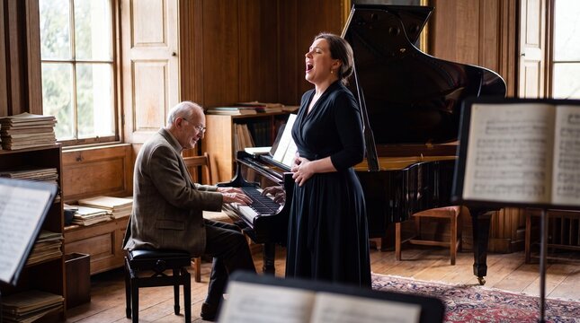 Woman Singing Opera Scales During Lesson Beside Grand Piano