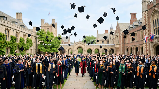 Diverse university graduates throwing caps in the air during graduation ceremony at historic college campus
