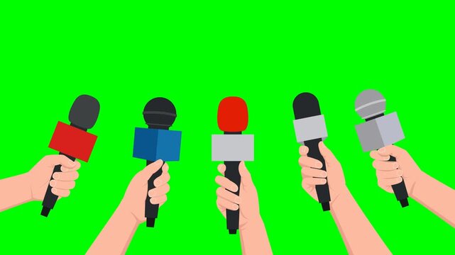 Hands holding up microphones for news report press conference, 2D animation on green screen background   