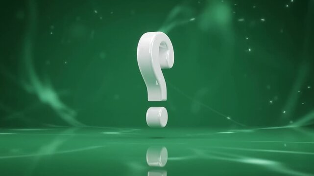 White question mark animates and glows with sparkling lights on a reflective green background with abstract energy waves dynamic motion background video.