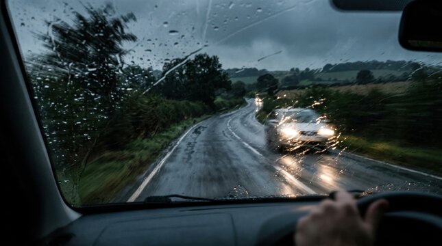 View from inside a car driving on a wet, winding country road during a rainstorm. Raindrops on the windshield obscure the view, with headlights from an oncoming vehicle visible.