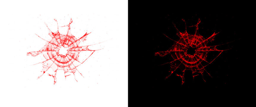 Red bullet hole in glass illustration, shattered glass impact with spiderweb cracks, broken window glass texture on white and black backgrounds
