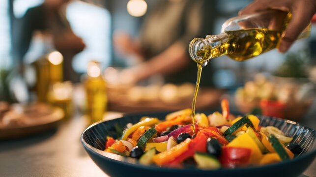 close up of a hand pouring extra virgin olive oil over a colorful Mediterranean vegetable bowl in the foreground, softly blurred modern Mediterranean