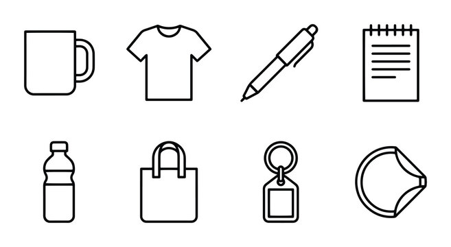 Branded merchandise line icons with mug, t-shirt, pen, notebook, bottle, bag, keychain, sticker for promotion