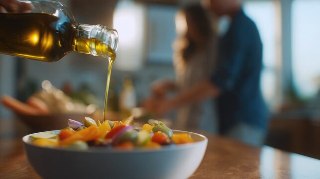 close up of a hand pouring extra virgin olive oil over a colorful Mediterranean vegetable bowl in the foreground, softly blurred modern Mediterranean