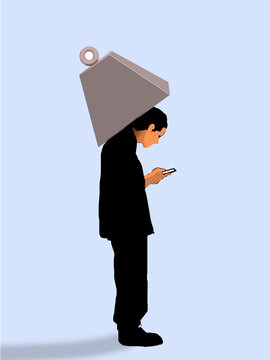 Heavy weight symbolizes smartphone dependency in communication concept