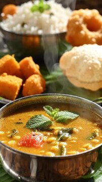 Steaming hot lentil dal soup served with rice vada and poori on banana leaf traditional Indian meal.
