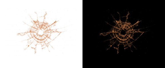 Shattered glass bullet hole illustration with radial cracks, copper colored broken window texture on white and black backgrounds, realistic impact damage © Creative Element
