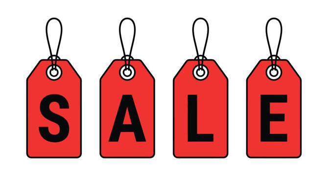 Four red sale tags with black lettering are displayed against a plain white background discount promotional