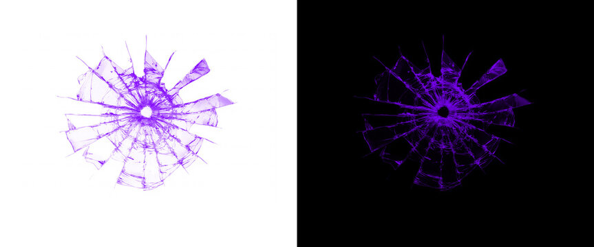 Broken glass shatter effect in purple, violet cracked glass impact hole, abstract splintered glass texture for digital overlays and graphic design.