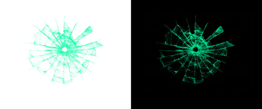 Cyan shattered glass impact, radial broken window cracks on black and white background, digital glass damage texture, neon teal glass shards