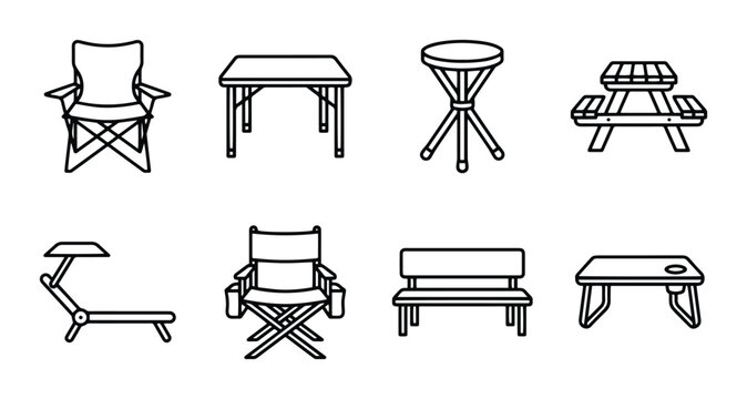 Camping furniture line icons set with folding chairs, picnic table and benches for outdoor travel