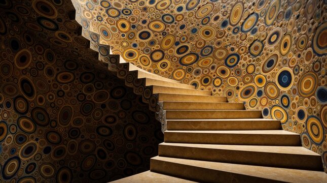 Abstract endless staircase climbs through multicolored void. Surreal stpic spiral up in dreamlike space with circular patterns. Psychedelic art background shows infinite stairs with many colored