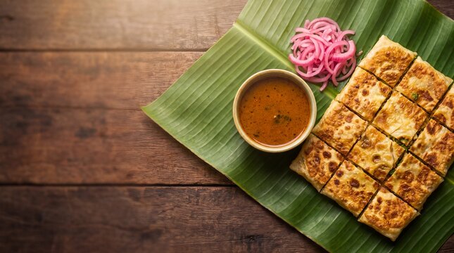 Top view of murtabak squares with curry dip on banana leaf