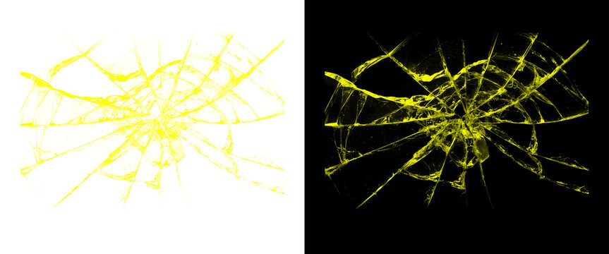 Yellow broken glass texture, shattered window screen effect with glowing cracks, damaged glass surface overlay on black and white backgrounds