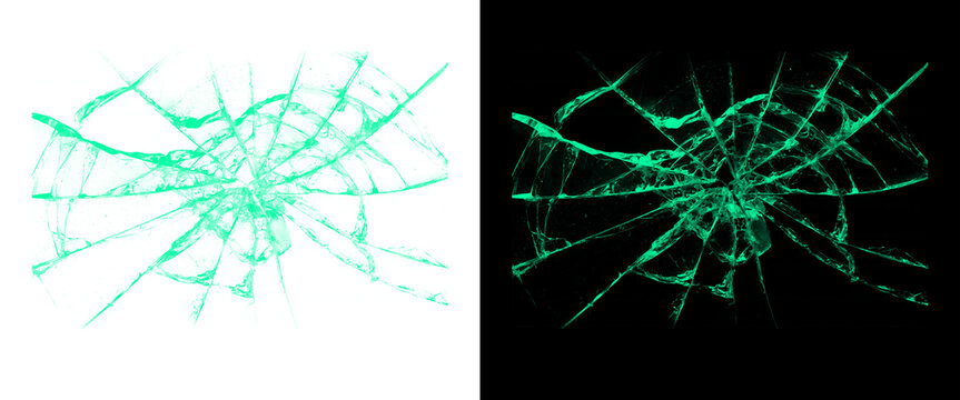 Neon green shattered glass texture, glowing cracked glass effect on black and white backgrounds, broken window spiderweb cracks for digital overlays