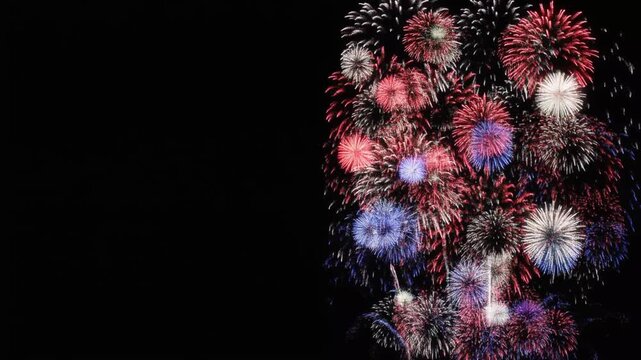 Vibrant fireworks explode in night sky celebration with red white and blue bursts of light dynamic display.