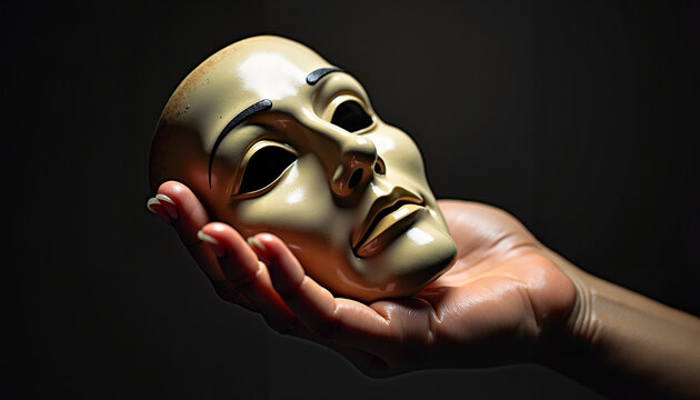 Hand holding a golden mask in dramatic lighting