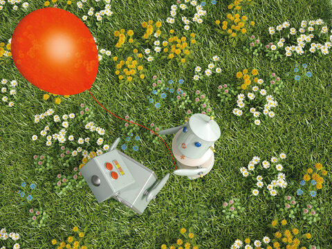 Male and female robot standing with balloon on flower meadow, 3D rendering