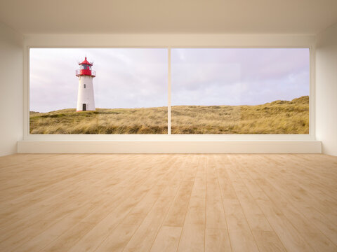 Empty room, looking through window to dune lanscape with lighthouse