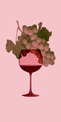 Fototapeta premium Red wine glass overlapping grape cluster and leaves on pink background in collage. Wine bar menus, beverage packaging, vineyard tourism concept.