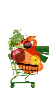 Miniature shopping cart filled with oversized translucent produce on white background in collage. Grocery delivery, supermarket promotions, food shopping apps concept.