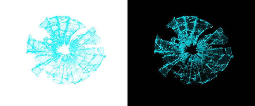 Shattered glass bullet hole with radial cracks, glowing green broken glass impact on black and white backgrounds, digital glass fracture graphic