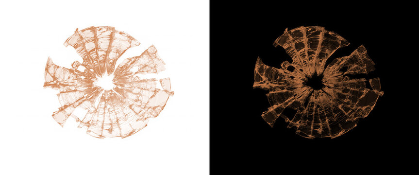 Distressed orange bullet hole impact, shattered glass shards in circular pattern, cracked window texture for crime and action graphics