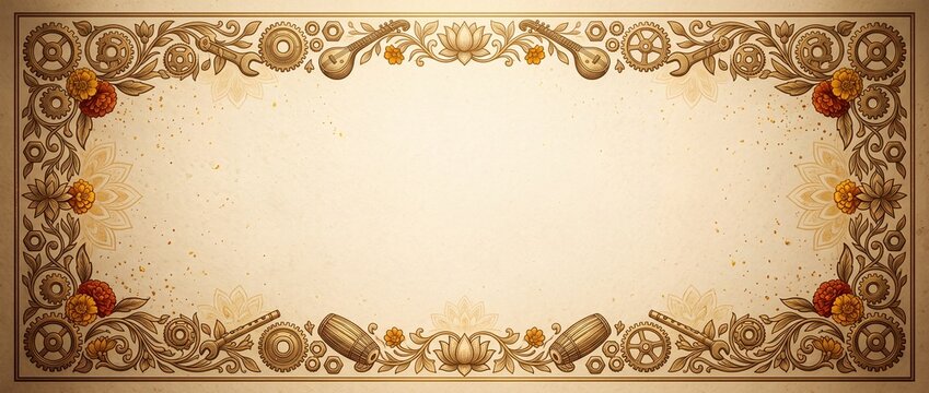 Ayudha Puja ornate decorative border with traditional tools and instruments on vintage parchment background