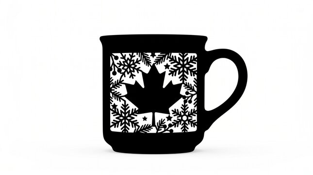 Coffee mug silhouette with maple leaf and snowflake pattern