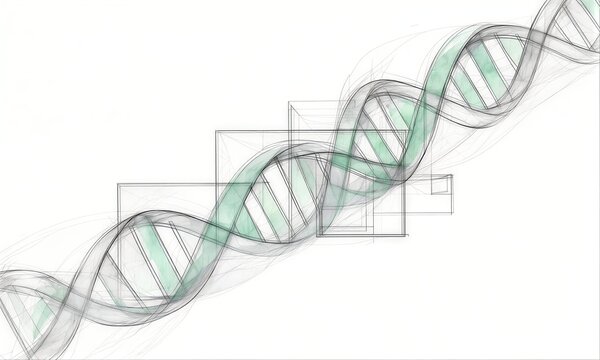 DNA double helix sketch with green watercolor wash and pencil lines.