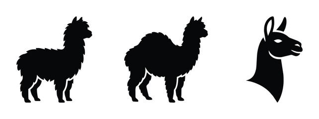 Fototapeta premium Llama and camel silhouettes set with animal heads for logos and icons