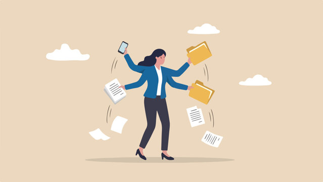 multitasking chaos productivity breakdown overload concept stressed businesswoman with six hands dropping various office documents and phone clean minimal flat vector illustration