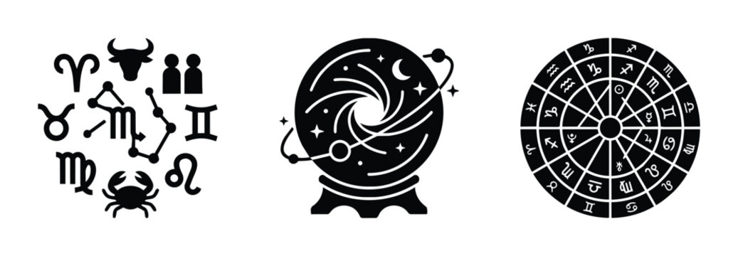 Astrology zodiac symbols set with crystal ball and chart for fortune telling, logo and app