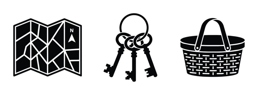 Map, keys and basket silhouettes set for travel