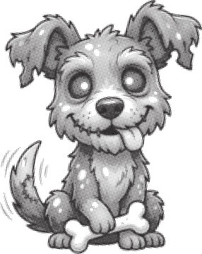 Monochrome halftone dotted illustration of a cute zombie dog puppy. Funny undead pet character graphic. Vector minimalist background.