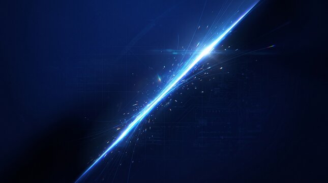 Abstract digital scene in deep royal blue. A precise, cutting-edge of light cuts through, with wide dark areas