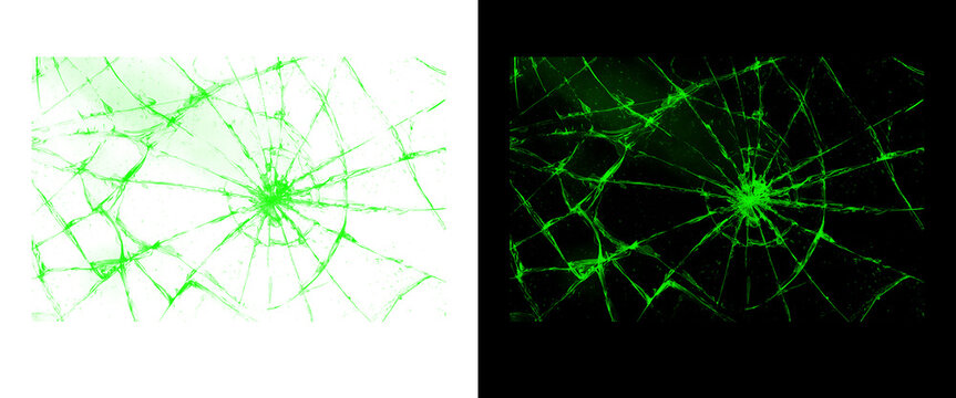 Broken glass texture overlay, neon green cracked screen background, shattered windshield effect set on black and white