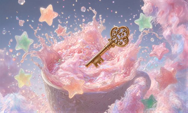 Golden key erupts from pink liquid, stars swirl in magical cup.